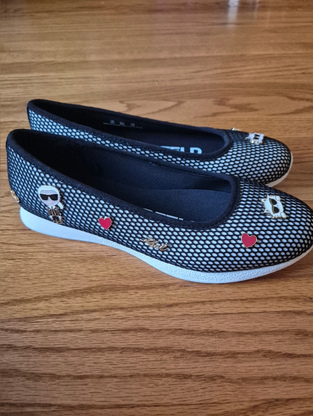 Karl Lagerfeld Paris Maleia Mesh Ballet Flats Black White Choupette Charms NWOB